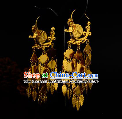 Chinese Traditional Hanfu Earrings Ancient Queen Golden Leaf Tassel Ear Accessories
