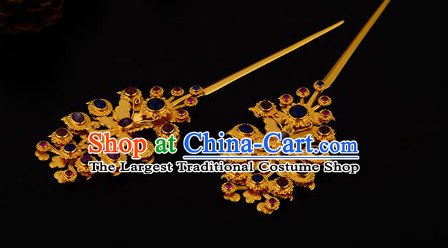 China Ancient Noble Countess Gems Hairpin Handmade Traditional Ming Dynasty Empress Golden Butterfly Hair Stick