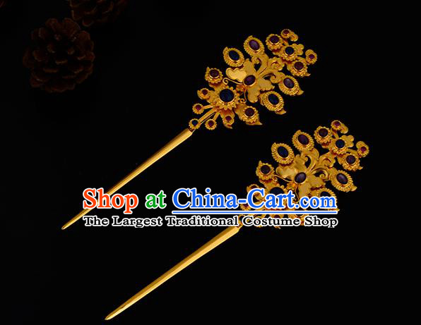 China Ancient Noble Countess Gems Hairpin Handmade Traditional Ming Dynasty Empress Golden Butterfly Hair Stick