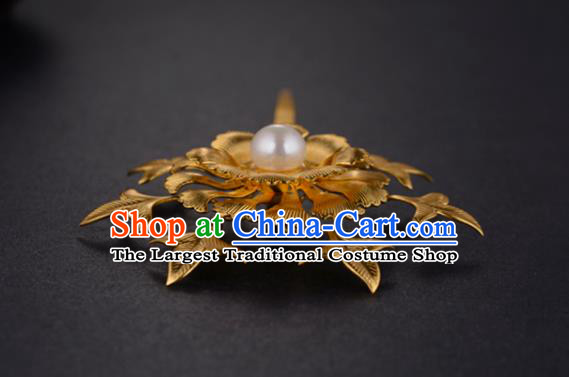 China Ancient Empress Pearl Hairpin Handmade Traditional Ming Dynasty Court Golden Peony Hair Stick