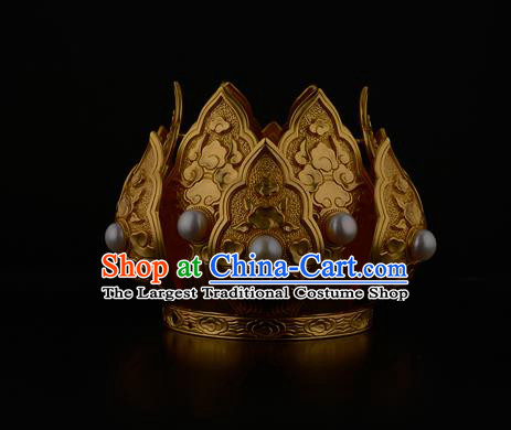 China Ancient Taoist Nun Pearls Hair Accessories Handmade Traditional Song Dynasty Golden Lotus Hair Crown