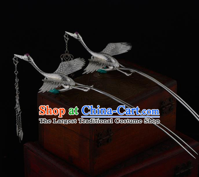 China Ancient Princess Hairpin Handmade Traditional Ming Dynasty Silver Crane Tassel Hair Stick