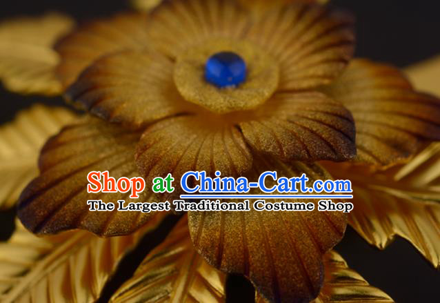 China Ancient Princess Golden Leaf Hairpin Handmade Traditional Ming Dynasty Palace Lady Hair Stick