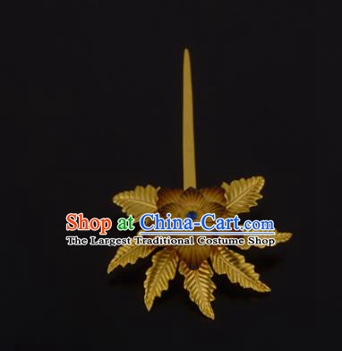 China Ancient Princess Golden Leaf Hairpin Handmade Traditional Ming Dynasty Palace Lady Hair Stick