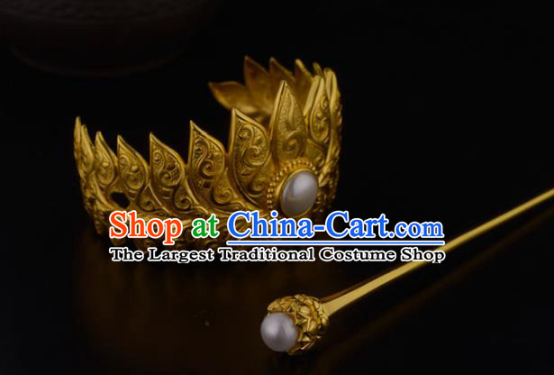 China Ancient Nobility Childe Hairpin Handmade Traditional Ming Dynasty Prince Golden Lotus Hairdo Crown