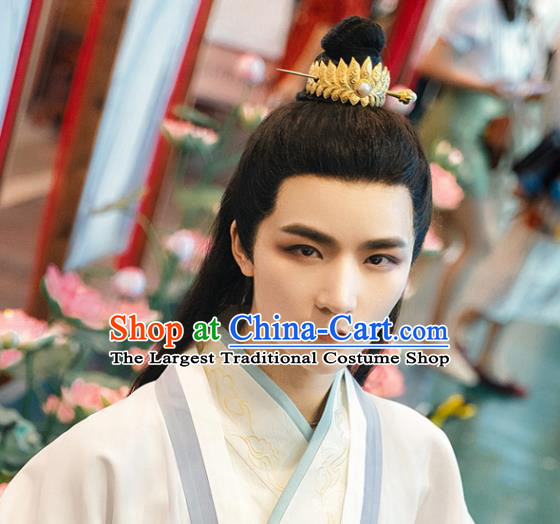 China Ancient Nobility Childe Hairpin Handmade Traditional Ming Dynasty Prince Golden Lotus Hairdo Crown