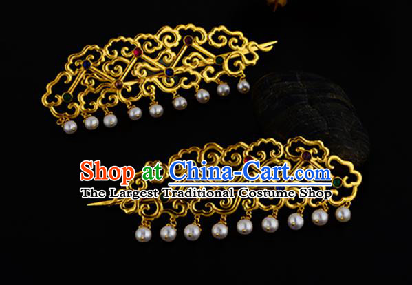 China Ancient Empress Pearls Hairpin Handmade Traditional Ming Dynasty Imperial Consort Golden Hair Stick