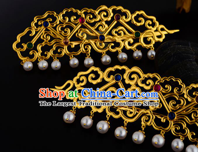 China Ancient Empress Pearls Hairpin Handmade Traditional Ming Dynasty Imperial Consort Golden Hair Stick