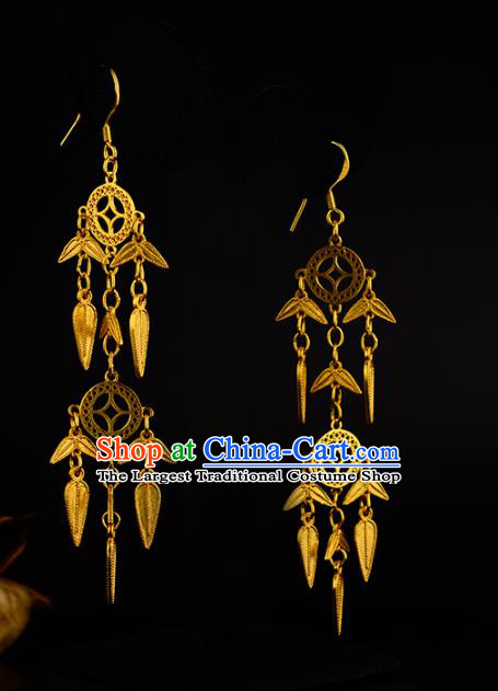 Chinese Traditional Ming Dynasty Tassel Earrings Ancient Court Woman Golden Coins Ear Accessories