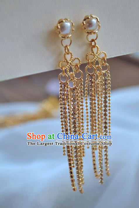 Chinese Traditional Hanfu Golden Tassel Earrings Ancient Princess Pearl Ear Accessories