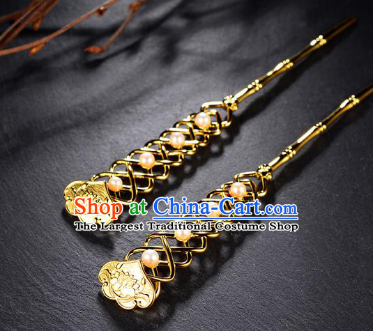 China Ancient Imperial Empress Golden Hairpin Handmade Traditional Tang Dynasty Pearls Hair Stick