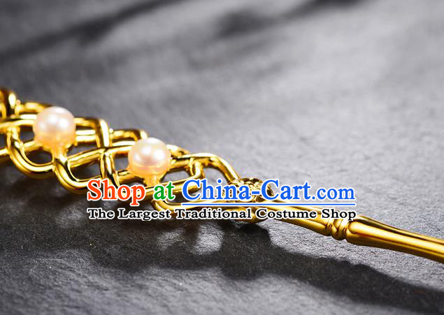 China Ancient Imperial Empress Golden Hairpin Handmade Traditional Tang Dynasty Pearls Hair Stick