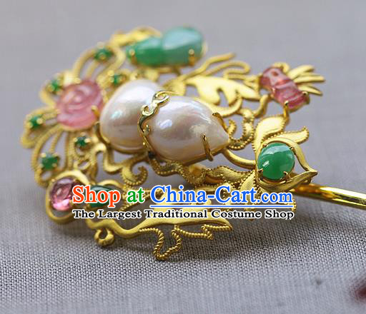 China Ancient Empress Pearls Gems Hairpin Handmade Traditional Ming Dynasty Court Hair Stick