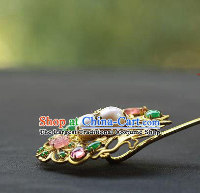China Ancient Empress Pearls Gems Hairpin Handmade Traditional Ming Dynasty Court Hair Stick