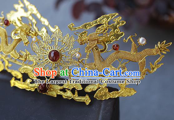 China Ancient Empress Agate Hairpin Handmade Traditional Ming Dynasty Golden Dragons Hair Crown