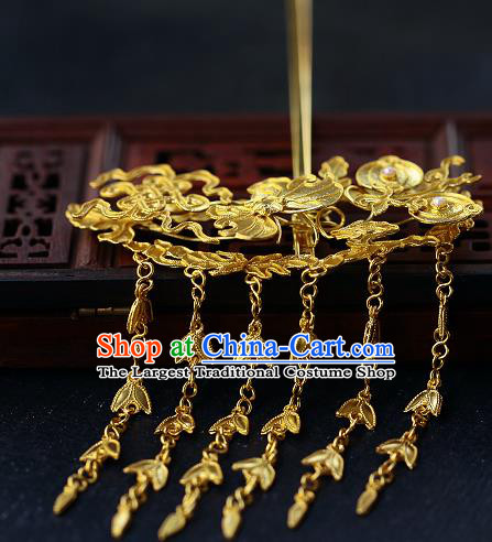 China Ancient Court Lady Hairpin Handmade Traditional Ming Dynasty Empress Golden Butterfly Tassel Hair Stick