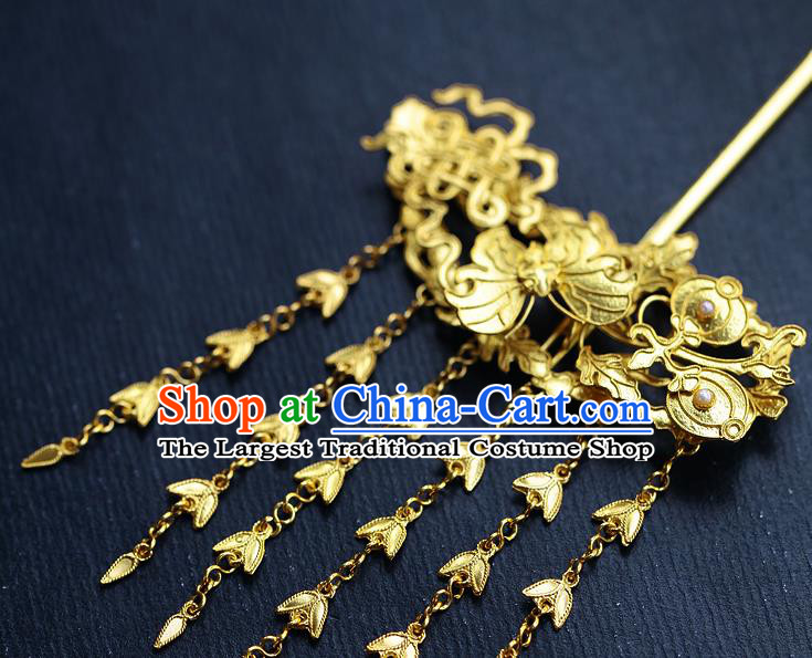 China Ancient Court Lady Hairpin Handmade Traditional Ming Dynasty Empress Golden Butterfly Tassel Hair Stick