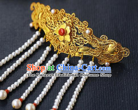 China Ancient Princess Pearls Tassel Hairpin Handmade Traditional Ming Dynasty Filigree Hair Stick