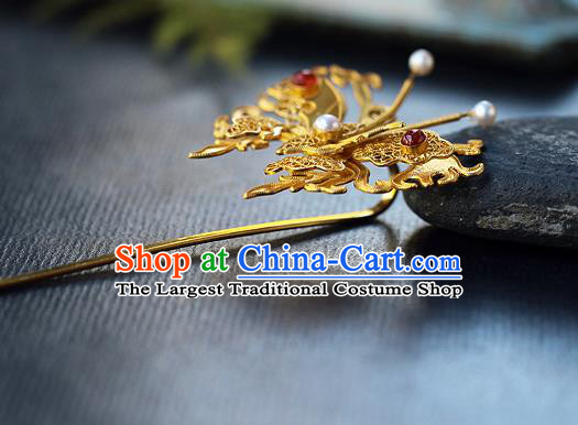 China Ancient Royal Queen Agate Pearls Hairpin Handmade Traditional Ming Dynasty Filigree Butterfly Hair Jewelry