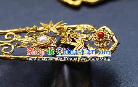 China Handmade Ancient Palace Lady Hairpin Traditional Qing Dynasty Golden Bamboo Hair Stick