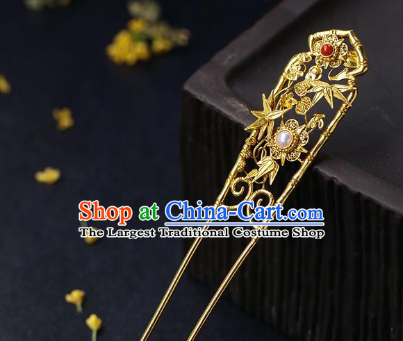 China Handmade Ancient Palace Lady Hairpin Traditional Qing Dynasty Golden Bamboo Hair Stick