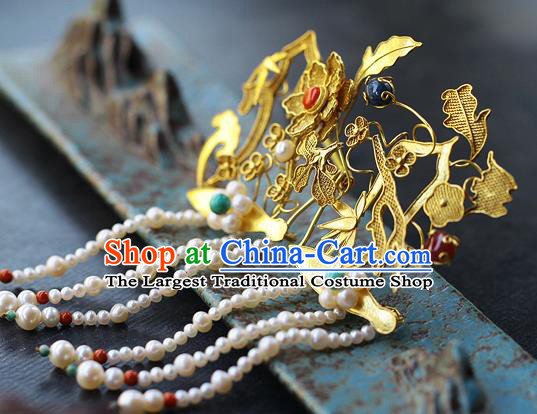 China Ancient Queen Filigree Hairpin Handmade Traditional Ming Dynasty Pearls Tassel Hair Stick