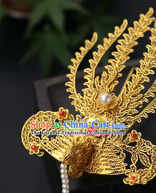 China Handmade Ancient Noble Lady Tassel Hairpin Traditional Ming Dynasty Filigree Phoenix Hair Stick