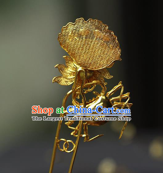 China Ancient Empress Gems Hairpin Traditional Ming Dynasty Golden Crab Hair Stick