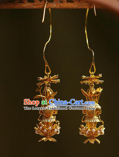 Chinese Traditional Sui Dynasty Princess Earrings Ancient Palace Lady Golden God Ear Accessories