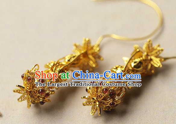 Chinese Ancient Palace Lady Golden God Ear Accessories Traditional Sui Dynasty Princess Garnet Earrings