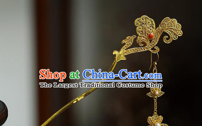 China Ancient Court Woman Golden Tassel Hairpin Handmade Traditional Tang Dynasty Filigree Hair Stick