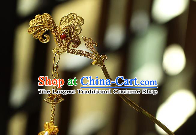 China Ancient Court Woman Golden Tassel Hairpin Handmade Traditional Tang Dynasty Filigree Hair Stick
