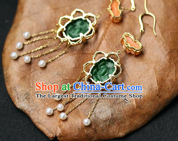 Chinese Handmade Pearls Tassel Ear Accessories Traditional Cheongsam Jadeite Butterfly Earrings
