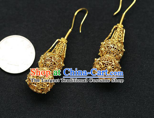 Chinese Handmade Filigree Ear Accessories Traditional Cheongsam Golden Gourd Earrings