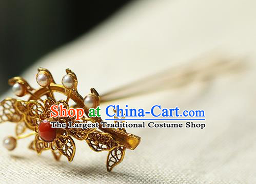 China Ancient Court Filigree Hair Jewelry Traditional Ming Dynasty Pearls Hairpin