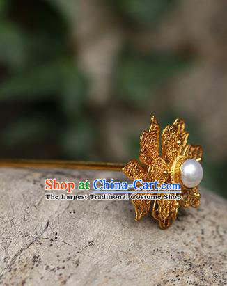 China Ancient Court Lady Pearl Hair Jewelry Traditional Song Dynasty Filigree Peony Hairpin