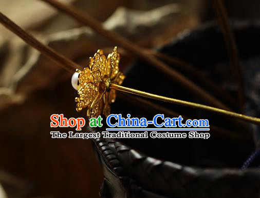 China Ancient Court Lady Pearl Hair Jewelry Traditional Song Dynasty Filigree Peony Hairpin