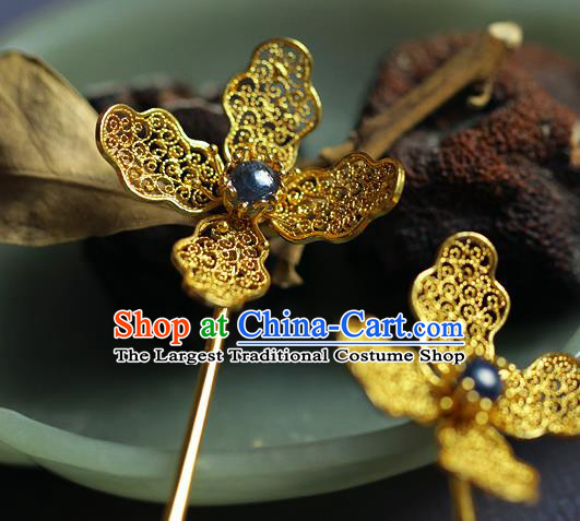 China Ancient Queen Sapphire Hair Stick Traditional Ming Dynasty Filigree Orchid Hairpin