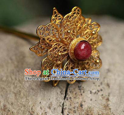 China Ancient Empress Ruby Hair Jewelry Traditional Song Dynasty Palace Filigree Hairpin