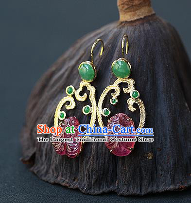 Chinese Handmade Jadeite Ear Accessories Traditional Cheongsam Tourmaline Goldfish Earrings