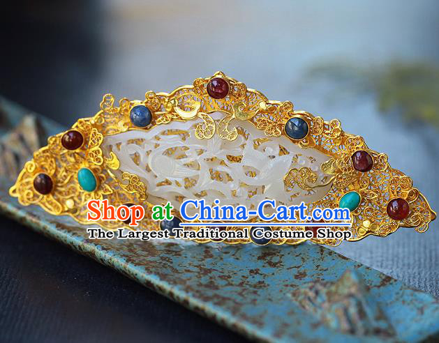 China Ancient Court Gems Hair Jewelry Traditional Ming Dynasty Empress Jade Golden Hairpin