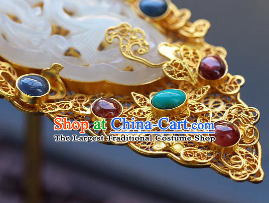 China Ancient Court Gems Hair Jewelry Traditional Ming Dynasty Empress Jade Golden Hairpin