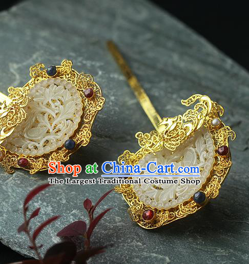 China Ancient Court Queen Filigree Hair Stick Traditional Ming Dynasty Empress Jade Hairpin