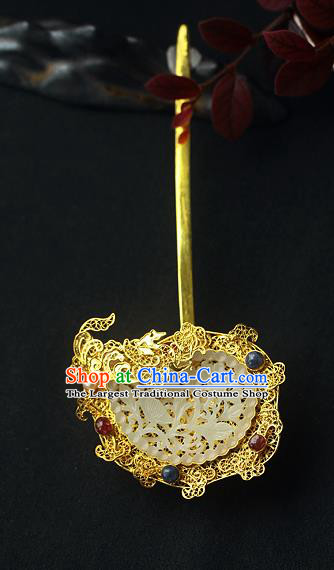 China Ancient Court Queen Filigree Hair Stick Traditional Ming Dynasty Empress Jade Hairpin