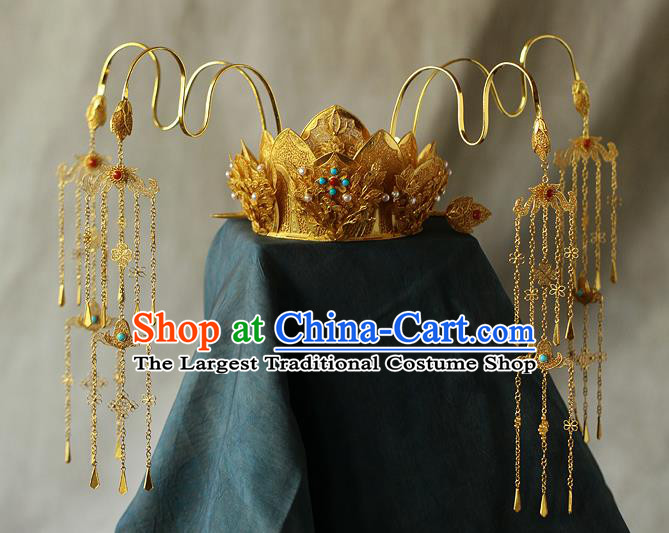 China Ancient Drama Queen Phoenix Coronet Traditional Tang Dynasty Golden Lotus Tassel Hair Crown