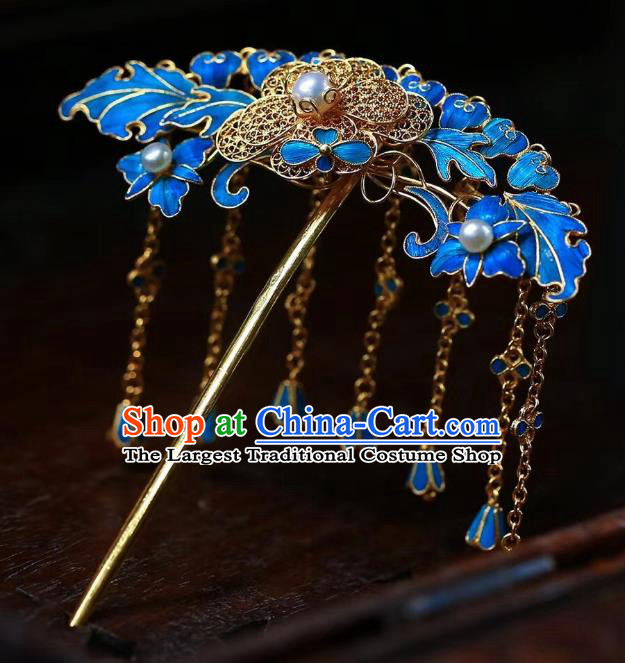 China Traditional Qing Dynasty Filigree Hair Accessories Handmade Ancient Imperial Consort Blueing Tassel Hairpin