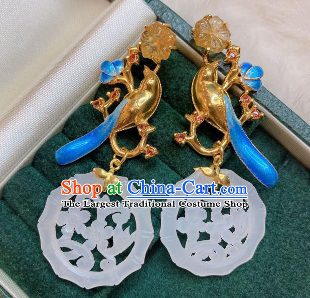 Chinese Handmade Hetian Jade Ear Accessories Traditional Cloisonne Earrings