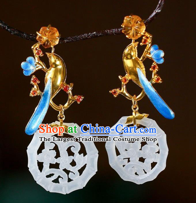 Chinese Handmade Hetian Jade Ear Accessories Traditional Cloisonne Earrings