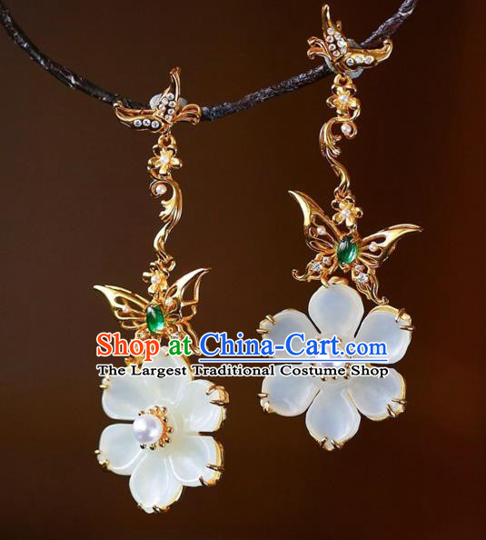 Chinese Handmade Jade Flower Ear Accessories Traditional Golden Butterfly Earrings