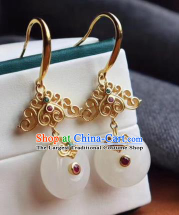 Chinese Handmade Golden Cloud Ear Accessories Traditional Cheongsam Jade Peace Buckle Earrings